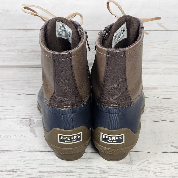 SPERRY Saltwater Womens Dark Brown Leather and Blue Rubber Duck Boots Size 9 - Picture 4 of 7